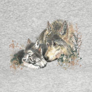 Watercolor Wolf Parent & Cub Animal Art T-Shirt